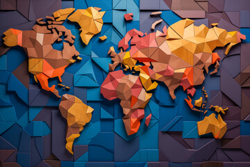 World Map Design Crafted from Colorful Three-Dimensional Blocks.