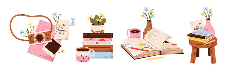 Stacks of books with flowers and a cup of tea or coffee. Cozy pastime. Flat vector illustration