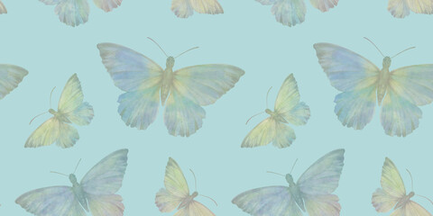 Abstract watercolor pattern, butterflies endless ornament, background for design, seamless pattern of bright flying butterflies, colorful hand drawn illustration for wallpaper, packaging and print