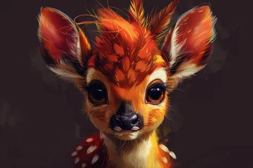 Möbelaufkleber The background of this cartoon fawn is purple with feathers © DZMITRY