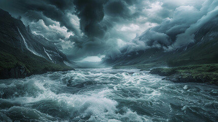 A dramatic scene of a turbulent river cascading down a mountainous terrain, merging into a vast, stormy ocean under a dramatic, cloudy sky.