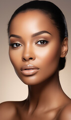 Beautiful young African American woman with clear skin on white background. Skin care.