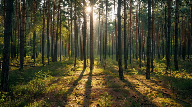 A dense pine forest with sunlight filtering through the tall trees, casting a warm glow on the pine needles covering the forest floor.