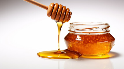 Honey in a transparent glass jar with a honey spoon on a white background. Passover.
