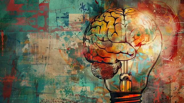 light bulb with brain symbol of idea thiking inovation vibrant color, conceptual art.