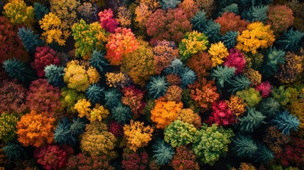 Fototapeta na wymiar Autumn forest from above, a mosaic of colors