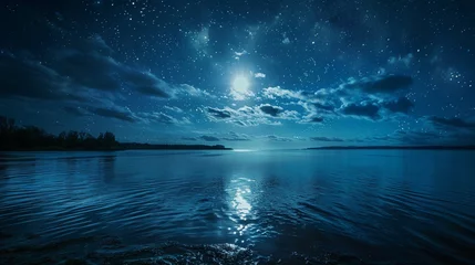 Fotobehang A moonlit night on the shores of a calm river, with the gentle lapping of water and a vast, reflective ocean under a star-studded sky. © Abdul