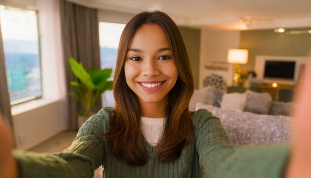Selfie picture of a happy young pretty millennial woman smiling at the camera in the living room in a modern home 