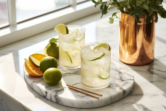 Brunch cocktails with ice and limes on a marble countertop in a modern white kitchen
