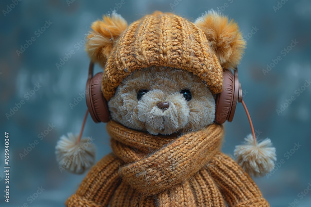 Wall mural Cartoon Teddy Bear wearing a knitted scarf and fur headphones