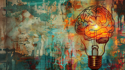 light bulb with brain symbol of idea thiking inovation vibrant color, conceptual art.