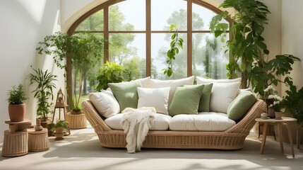 An airy living room filled with natural light, adorned with vibrant green houseplants and a stylish white sofa.