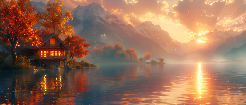 64k, 8k widescreen, wallpaper, amazing lanscape scene, Fiery orange and red hues spread across the evening sky as the sun sets over the calm water, casting a reflection