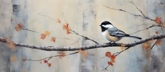 A small songbird with colorful feathers is perched on a wooden branch in a painting. Its beak is sharp, and its wings and tail are beautifully displayed