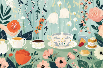 Enchanting Garden Tea Party Illustration with Colorful Flowers
