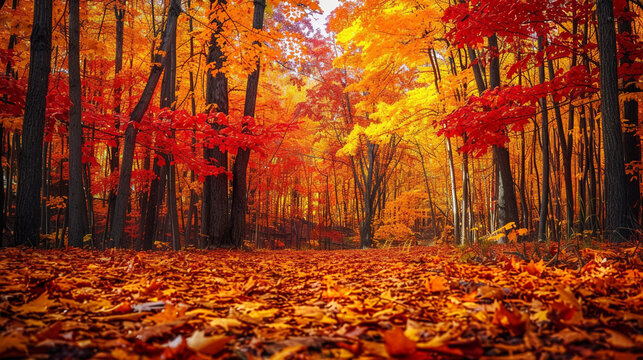 A vibrant autumn forest with trees ablaze in red, orange, and yellow hues, creating a stunning and picturesque woodland scene during the fall season.