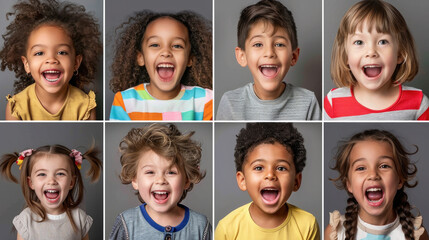 A collage of laughing children on a gray background.