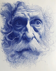 Obraz premium Blue and white face of hairy old man. 