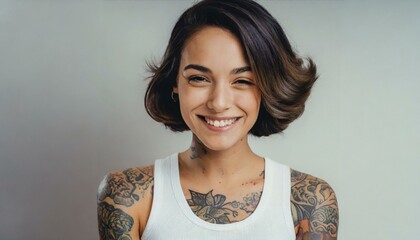 smiling woman and visible tattoos on her shoulders is wearing a white tank top and looking at the camera - obrazy, fototapety, plakaty