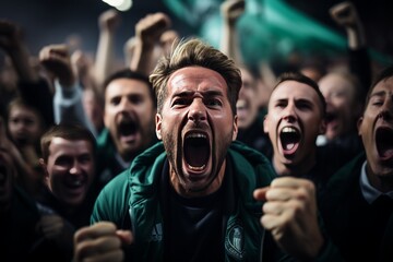 A lively scene of soccer fans gathered on a couch, cheering and celebrating as they watch a...