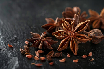 A close up of a bunch of star anise on a black surface - obrazy, fototapety, plakaty