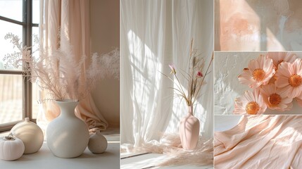 Collage of photos of modern bedroom interior in pastel colors. Selective focus.