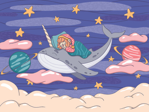 A little girl sleeps on the back of a whale floating in the night sky among stars and planets