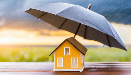  Concept of home insurance. House covered with umbrella to protect it from rain and storm  - obrazy, fototapety, plakaty