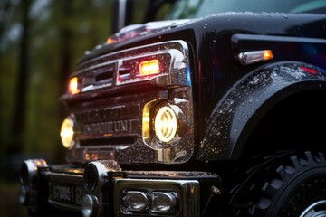 Fototapeta premium A detailed view of a fire truck with its emergency lights on, showcasing its readiness for responding to rescue calls