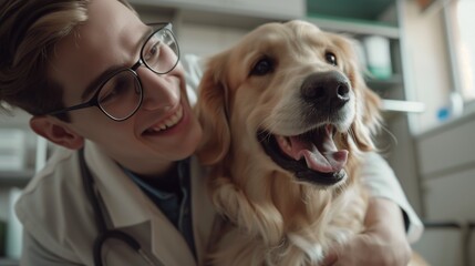 Portrait of a smiling young veterinarian, gently petting a Fawn colored Labrador Retriever in a veterinary office, showing a caring gesture towards the companion dog