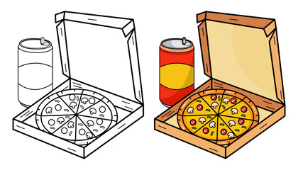 Vector Illustration of pizza with box and soda drink with lines and colors, for children's coloring book