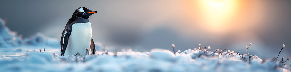 one cute young penguin in winter on snow in Arctic at sunset. - obrazy, fototapety, plakaty