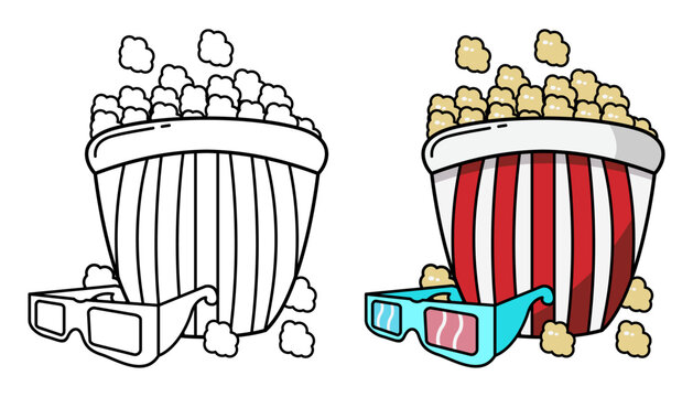 Vector Illustration of popcorn and cinema glasses with lines and colors, for children's coloring book