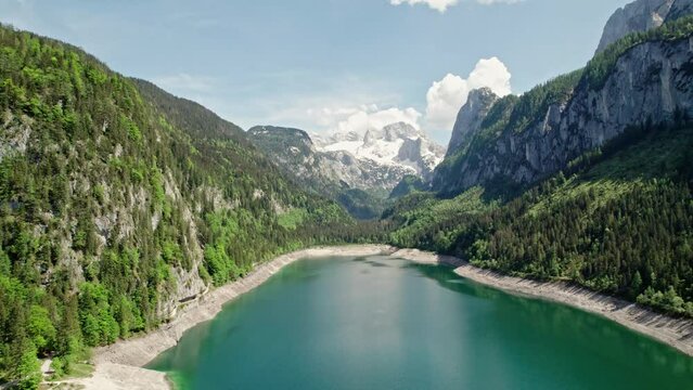 Drone footage over mountain lake Gosausee Austria