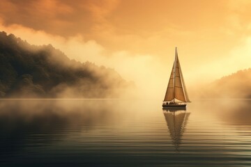 A sailboat on a misty lake at dawn. - obrazy, fototapety, plakaty