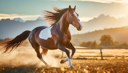 Powerful horse galloping across open field at dawn, capturing its strength and freedom, ideal for equestrian and nature lovers - obrazy, fototapety, plakaty