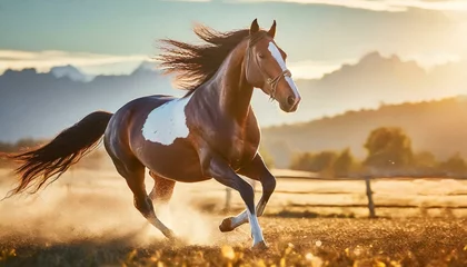 Poster Powerful horse galloping across open field at dawn, capturing its strength and freedom, ideal for equestrian and nature lovers © Marko