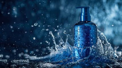 Blue dispenser bottle with a splash of water around it, highlighted by bokeh effect and droplets, portraying a fresh and clean hygiene product - obrazy, fototapety, plakaty