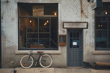 A bicycle is parked outside a cafe - obrazy, fototapety, plakaty