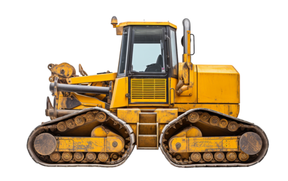 A powerful yellow bulldozer dominates the scene on a stark white background