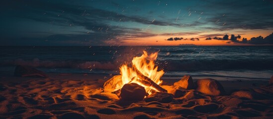 A campfire crackles and sparks on a sandy beach at night, casting a warm glow on the surrounding sand and water. The flames dance in the darkness, creating a cozy and inviting atmosphere. - obrazy, fototapety, plakaty