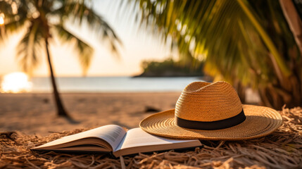 Straw Hat and Open Book on Tropical Beach