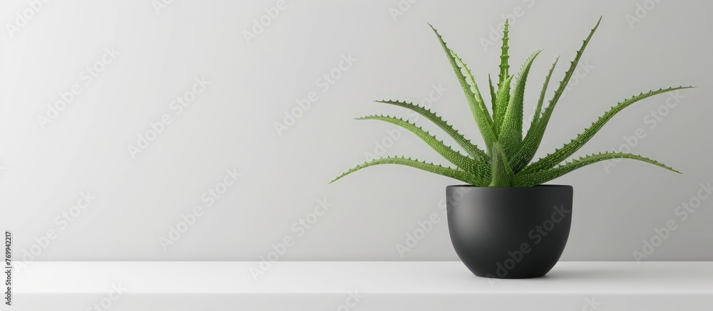 Canvas Prints Aloe vera plant in a pot displayed on a white table, visible from the front with space for adding text or creating a mockup.