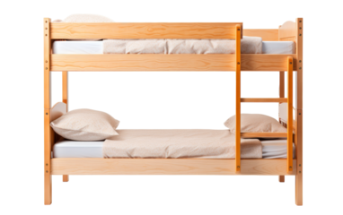 A cozy wooden bunk bed with crisp white sheets and inviting pillows