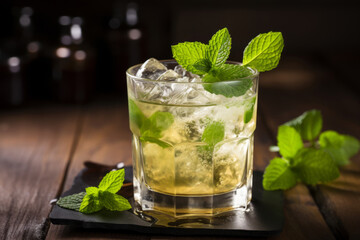 Classic mint julep cocktail in a glass with mint leaf garnish - obrazy, fototapety, plakaty