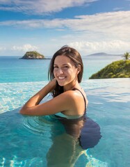  Sensual young woman in swimming pool. Woman on tropical vacation paradise on sea. Summer sea background. Summer vacation travel holiday background concept