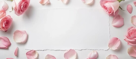 Rose flower and petals placed on a blank white paper. White background with space for adding text, conveying a feminine theme. Top-down mockup view.