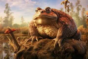 Giant toad sitting on mushroom in swamp - obrazy, fototapety, plakaty