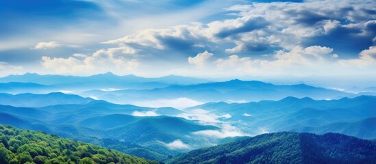 A mesmerizing natural landscape of a mountain range with lush trees, fluffy cumulus clouds in the sky, and a serene atmosphere filled with the sound of wind
