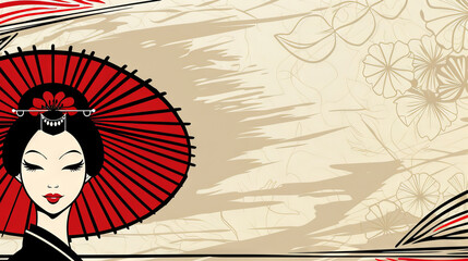 Elegant Geisha with Red Umbrella - Traditional Japanese Art Illustration